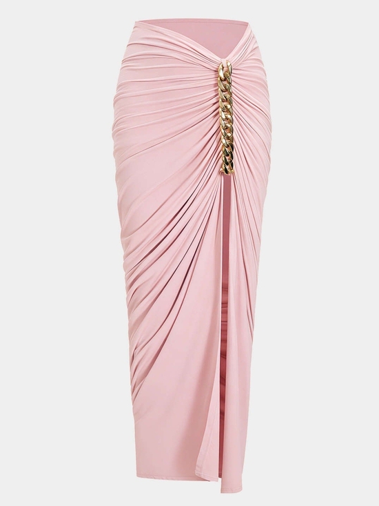 Micas Dresses & Skirts - Micas Elegant Pink Ruched Chain-Accent Midi Skirt